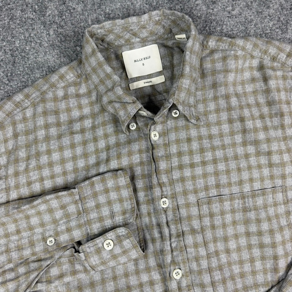 Billy Reid Button Down Shirt Mens Small Grey Brown Plaid Made in Italy Standard